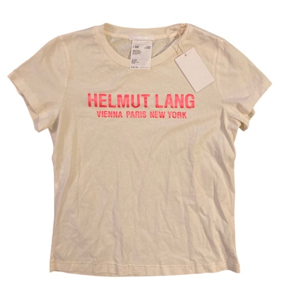 Helmut Lang Cotton Logo Women’s Baby Tee NWT Short Sleeves Cream Shocking Pink - Picture 2 of 13